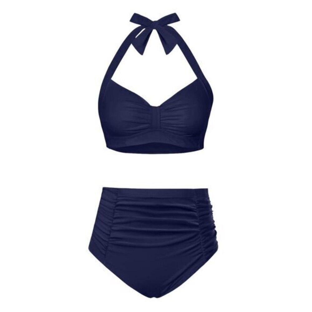 Navy Blue High Waisted Bikini Swimsuit Vintage Halter Top Size XXL NWT #2189